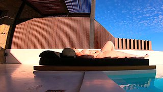 Hot curvy redhead got fucked by the pool in a white fishnet