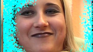 Blonde bitch fills her pussy with a big cucumber at the casting