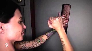 Brunette Tattoo Deep-Throats Glory Hole in Threesome