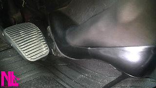 Pedal Pumping in Black Pantyhose and Grey Patent High Heels