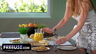 Step mommy Kiara Lord conforms breakfast and gets breast fondled by her sonnie