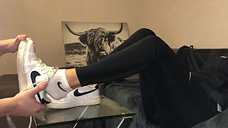 Dirty White Sneaker Worship - Smelly Socks in Face with Valeria Night (side View)