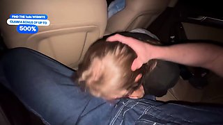 Risky deep throat in car while traveling with friends. Cum