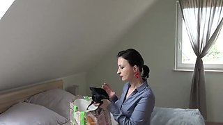 Amateur MILF Businesswoman In Stockings Fucks Dildo At Home Office