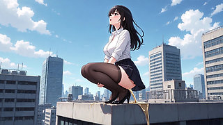 Office lady urinating outdoors, showing off her sexy big butt
