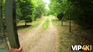 Vip4k. stunner with pierced nips and tattoos screws in the woods