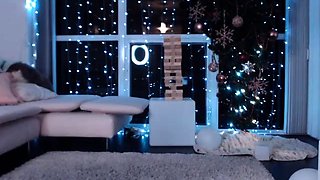 Busty curly brunette with big boobs fucks on couch