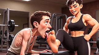 Strong Muscular Woman Makes Skinny Slave Lick Her Feet