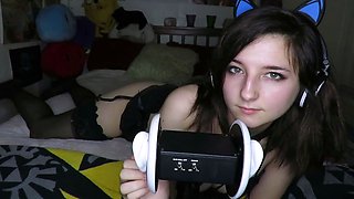 Skinny teen brunette masturbating with toy
