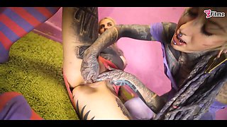 Alt woman strap-on lezzie hardcore tattooed wild joy