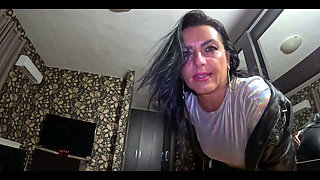Black Leather Jacket & Shiny Pants Cameltoe Tease, Deepthroat and Cum on Leather