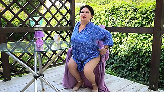 Mature BBW Scarlet in sultry red lace, teasing her massive naturals and curves while stroking