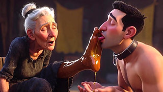 Submissive Slave Licking Wrinkled Feet of Old Ladies