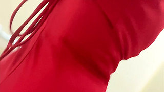 Show Sexy Ass Wear Red Dress in Toilet Room