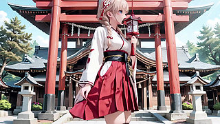 Red & White Miko! Forbidden Encounter at the Shrine, Golden Hair Trembling Under Sacred Robes, From Solemn Kneel to Blurry Gaze