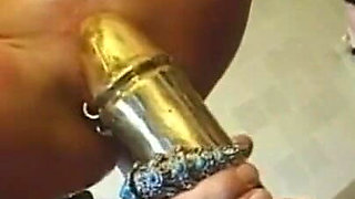 Humiliating wax play, dildo penetrated in huge piercing pussy pissing party
