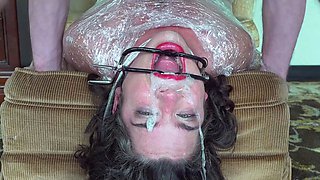Hot big tit brunette gives hardcore blowjob at party