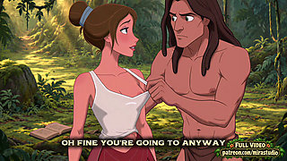 Jane and Tarzan first contact as he explores a woman's naked body