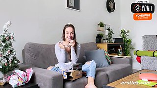 Brunette with yam-sized fun bags plays solo with toys