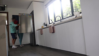 Young Maid in Blue Leggings Lets Her Boss Touch Her Good