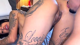 Inked Latina goes for cowgirl pose fuck after pussy licking