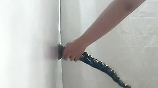 Whore in the mood for an anal uses giant dildo