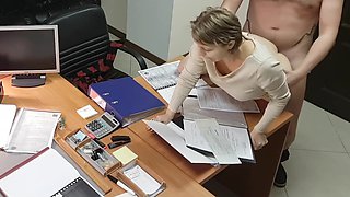 Hot office secretary sucks and rides her boss on the desk