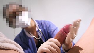 Two nurses tease my cock with their hands and then one of them starts riding it in reverse cowgirl position