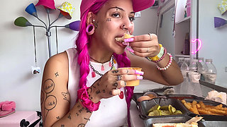 Spicy Food Mukbang Overeating Facestuffing Petite Girl Eating Hot Food Close-up Long Nails Fetish Acrylic Nails Teen Bonnet Hung