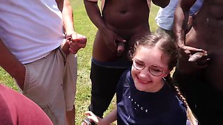 Darkhaired mom sucks 25 dicks for hubby enjoyment