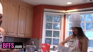 Best friends - the greatest valentines day gift is 3 oiled up saucy pussies obeyed straight in the kitchen