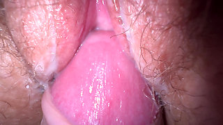 Close up fuck with my teen roommate and cum on hairy pussy