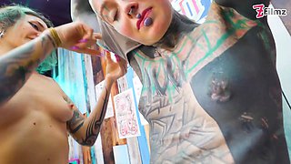 Alt Tattoo Girls Lesbian Foreplay Tattooed Dick Anal Cumshot on Brand New Tattoo