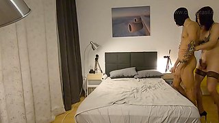 Stockings clad domina strapon fucks fetish dudes ass