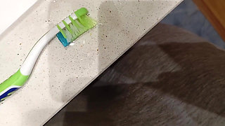 The Pig Shows You How Far the Cum in the Previous Video Splashed and His Big Cock Full of Semen