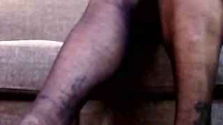 Black Nylon Pantyhose Dangling Hot Pink Heels