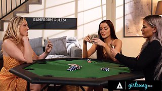MILF Charlie Forde Invites Big-Titted Hayley Davies and Vanna Bardot to Strip Poker Threesome