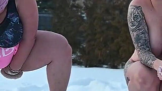 Femdom. Two Busty Women Piss Naked in the Snow, Then Make a Naked Guy Eat and Lick the Yellow Snow.