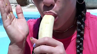 Outdoor Anal Play Banana, Spread Ass, Wet Pink, Pool Splash