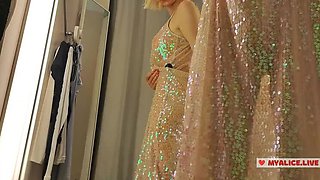 Busty Blonde Amateur Risky Fitting Room Masturbation with Dildo - Almost Caught!