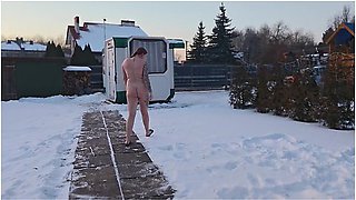 Femdom. Two Busty Women Piss Naked In The Snow, Then Make A Naked Guy Eat And Lick The Yellow Snow