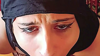 Submissive Arab kneeling for big dick gets deepthroat face fuck and keeps sucking after huge facial