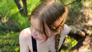 Best Blowjob in the Forest From a Blonde with Green Eyes, Cum Walk