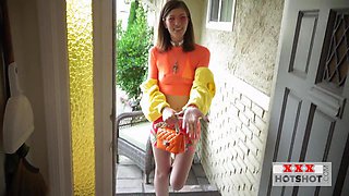 Pissing loving babe in high heels throat fucked by BF