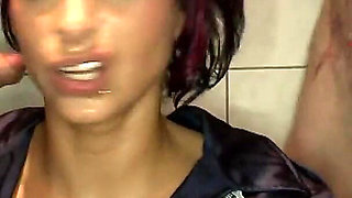 Filthy Brunette Blows in Bathroom Gangbang and Gets Facial Cum