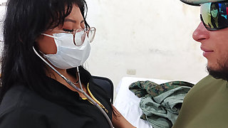 A doctor sensually gropes a soldier in the doctor's office during a consultation.