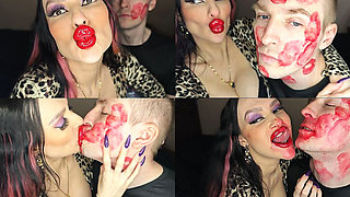 Juicy Sticky Loud Aggressive Kisses All Over a Guy's Face with Red Lipstick