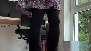 In a blue dress, plug, crotchless tights and high heels