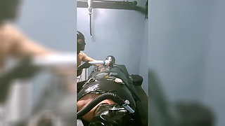 The Slave Suffers with a Breathing Mask During Hard Dilation.