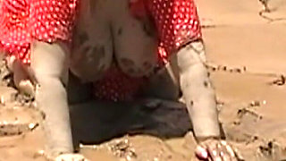 Julie Gets Messy in Mud - Huge Natural 38F Tits Swing in Wet Dirt Outside